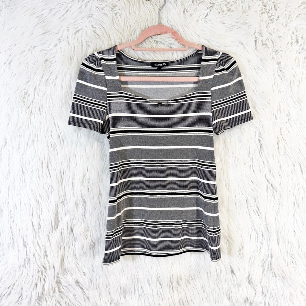 Express striped puff sleeve sweetheart neckline top